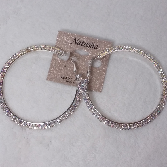 Hoop Pierce Earrings Silver Tone Clear Borealis Rhinestones Natasha - Picture 6 of 7